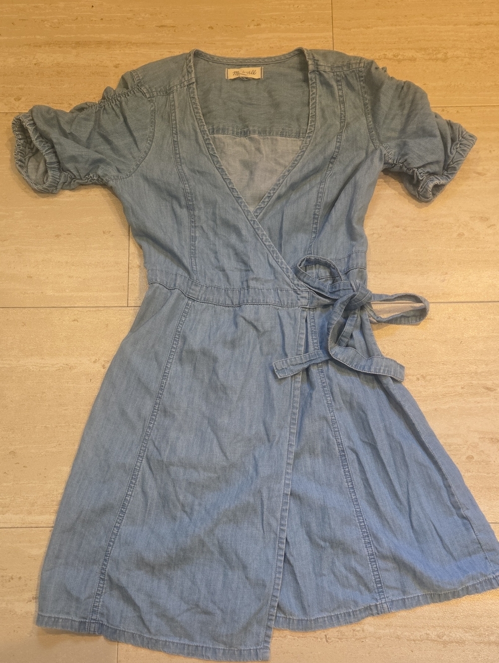 Madewell Blue Cotton Denim Shirred Sleeve Chambray Wrap/Side Tie Dress